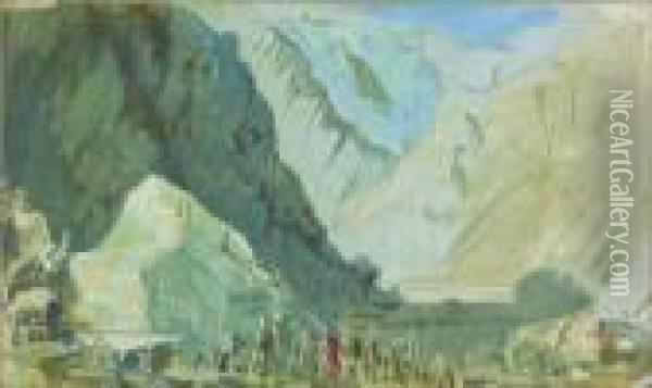 Halte Des Autochenilles Dans Un Paysage De Montagnes Oil Painting - Alexander Evgenievich Yakovlev