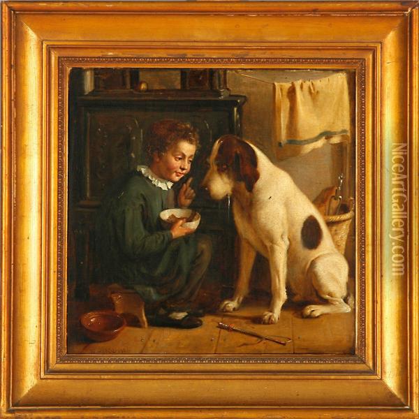 Kitchen Interior With Alittle Boy And His Dog Oil Painting - Nikolai Habbe