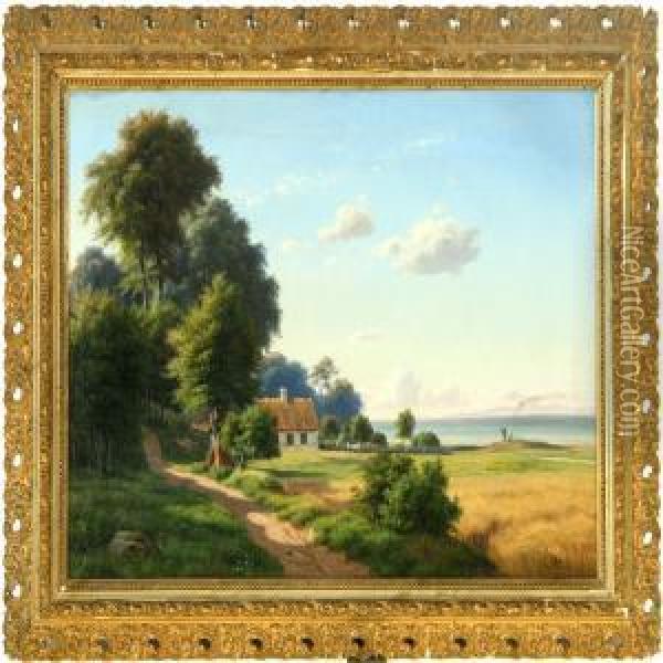Inlet Scenery With A House Along The Coast, Summer Oil Painting - Carsten Henrichsen