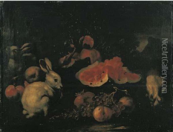 Pesche, Uva, Melograni, Anguria, Fichi, Tre Conigli En Plein Air Oil Painting - Giovanni Paolo Castelli Spadino