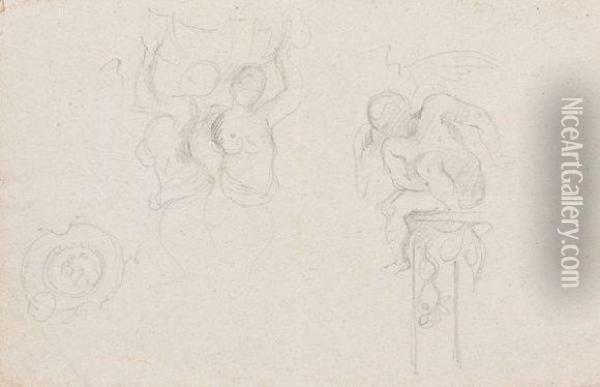 Etude De Caryatides, Un Bouclier, Un Ange Sur Une Colonne Oil Painting - Eugene Delacroix