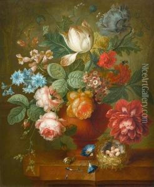 Tulips, Roses, Convolvulus And Other Flowers In A Terracotta Vase With A Bird's Nest On A Marble Ledge Oil Painting - Johan Christian Roedig