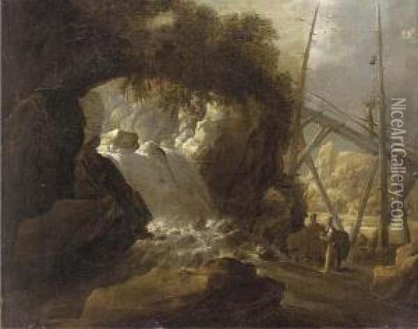 A River Landscape With Travellers By A Cascade Oil Painting - Jan Looten