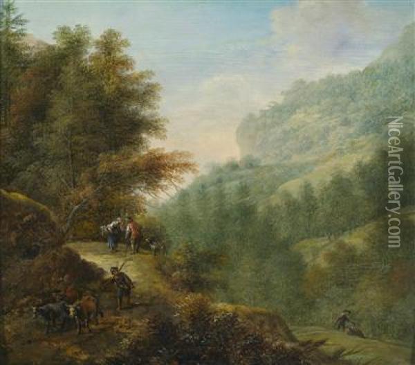 Two Wooded Landscapes With Travellers Oil Painting - Johann Christian Vollerdt or Vollaert