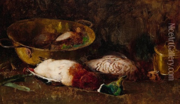 Still Life With Mallard, Grouse, Small Game Birds And Copper Pots Oil Painting - Emil Carlsen
