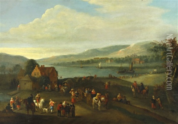 An Extensive River Landscape With Numerous Figures Outside An Inn Oil Painting - Karel Breydel
