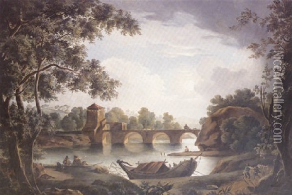 Fishing Before A Bridge In A Moonlit River Landscape Oil Painting - Jacobus Theodorus Abels