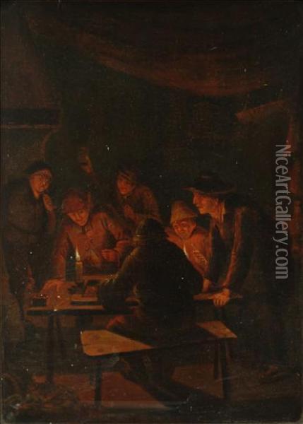 Peasants At A Candlelit Gaming Table Oil Painting - Petrus van Schendel