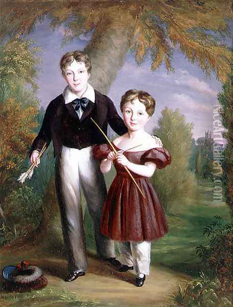 Double Portrait of Two Boys with Bows and Arrows Oil Painting - John King