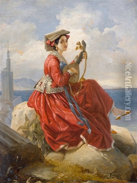 Musizierendes Trachtenmadchen An Sudlicher Kuste Oil Painting - Georg (Christian Joh. G.) Perlberg
