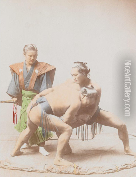 Sumo Wrestlers Oil Painting - Kusakabe Kimbei