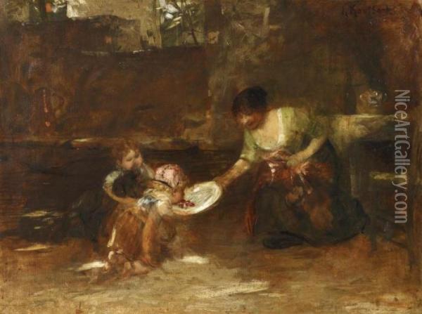 Eating Cherries. Mother With Her Children In The Kitchen Oil Painting - Hermann Kaulbach