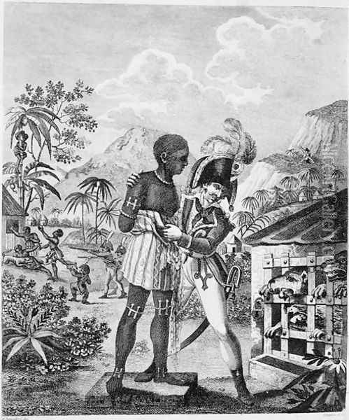 The Mode of training Blood Hounds in St. Domingo and of exercising them by Chasseurs, from An Historical Account of the Black Empire of Haiti, by Marcus Rainsford, engraved by Inigo Barlow fl.1790, published 1805 Oil Painting - Marcus Rainsford