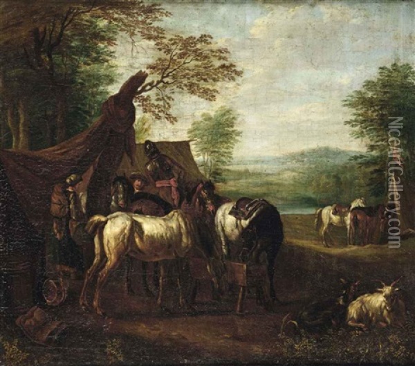 A Cavalry Setting Up Camp Oil Painting - Pieter van Bloemen