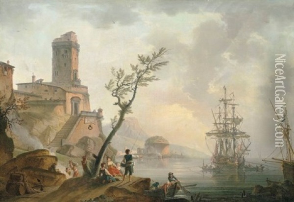 Fishermen And Washerwomen On A Shore In Front Of A Fortified Town Oil Painting - Charles Francois Lacroix