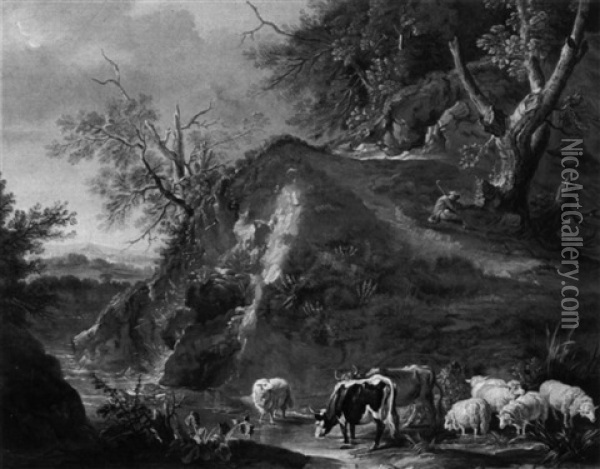 A Pastoral Scene Beside A Mountain Stream Oil Painting - Jean-Baptiste Oudry