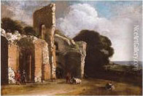 Landscape With Ruins, Peasants And Cattle Oil Painting - Filippo D Angeli