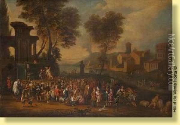 Commedia Del Arte Sur Fond De Paysage Oil Painting - Adriaen Frans Boudewijns