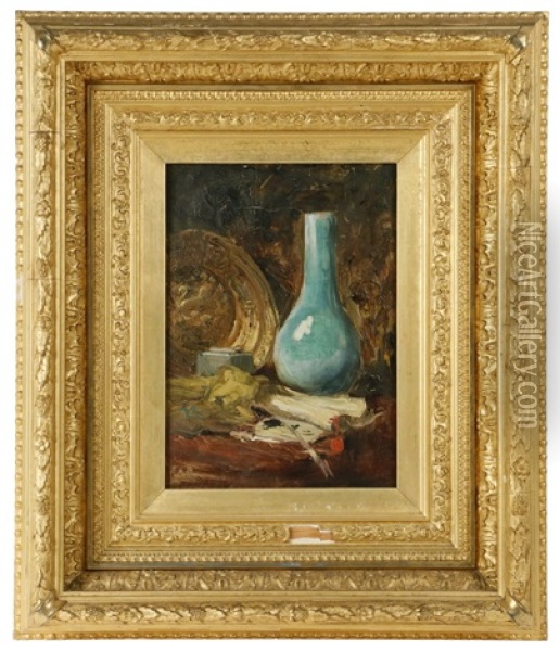 Still Life With Celadon Vase And Brass Charger Oil Painting - Frederick Arthur Bridgman