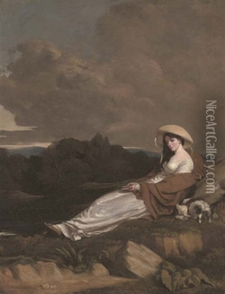 Portrait Of A Lady In A White Dress And Brown Shawl Holding A Book, Reclining In A Landscape, A Dog By Her Side Oil Painting - Richard Morton Paye