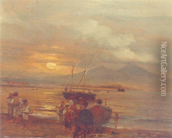 The Bay Of Naples At Sunset Oil Painting - Oswald Achenbach