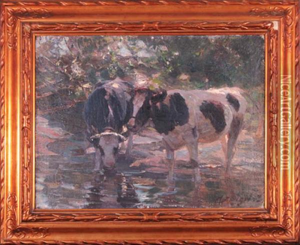 Krowy U Wodopoju, 1912 R. Oil Painting - Heinrich Johann Von Zugel