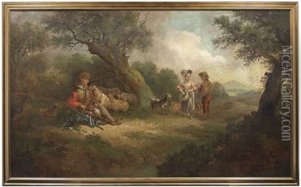 Rastender Schafer Am Fus Eines Eichenbaumes, Weiter Entfernt Ein Madchen Und Ein Knabe Oil Painting - Johann Conrad Seekatz