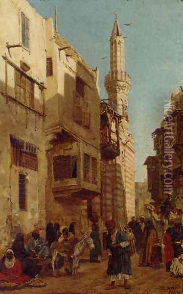 A Busting Cairo Street Oil Painting - G. G. Moretti