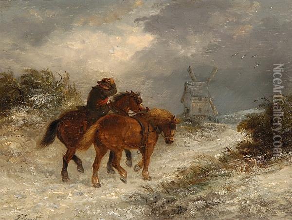 The Plough Team Going Home In The Snow Oil Painting - Thomas Smythe
