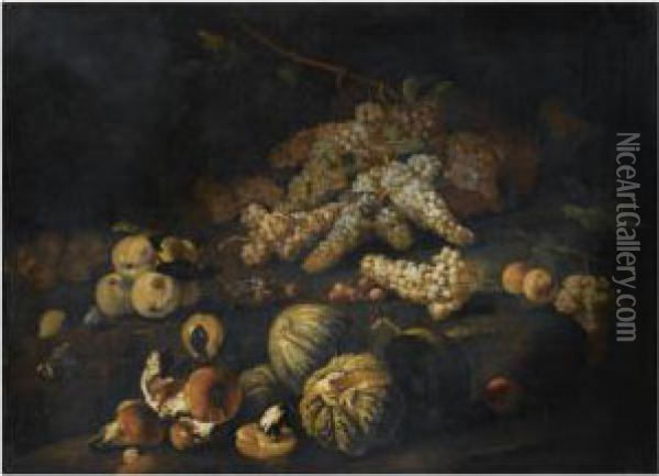 Still Life With Mushrooms, Bunches Of Grapes, Melons And Otherfruit Arranged Over Rocky Ground Oil Painting - Marco Antonio Rizzi
