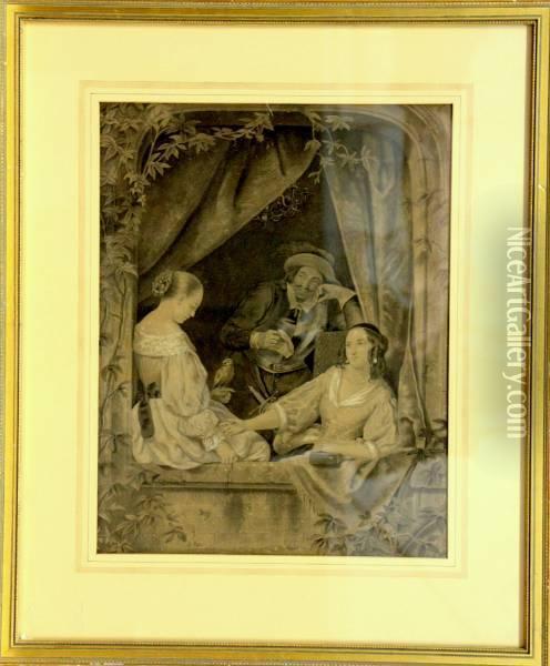 Twee Vrouwen En Een Man Op Balkon Oil Painting - Johannes Anthonie Balthasar Stroebel