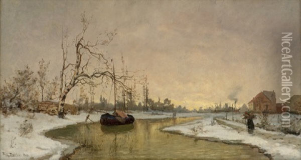 Elvelandskap Med Pram Og Gaende Kvinne Langs Bredden 1876 Oil Painting - Frits Thaulow