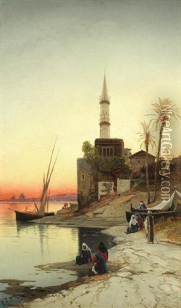 The Nile At Sunset Oil Painting - Hermann David Salomon Corrodi