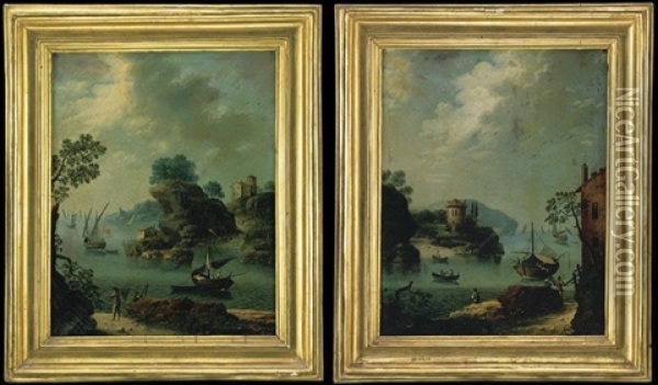 Paesaggi Fluviali Con Barche E Pescatori (pair) Oil Painting - Paolo Anesi