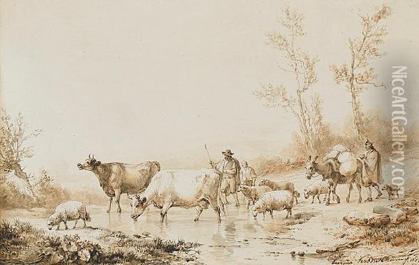 Crossing The River; Bulls And Sheep Resting In A Landscape, Two Oil Painting - Eugene Joseph Verboeckhoven
