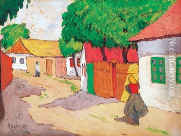 Village Street Oil Painting - Aurel Bernath