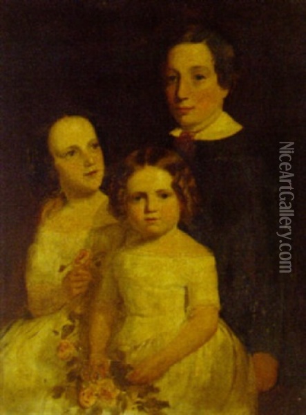 A Group Portrait Of Three Children, Three-quarter-length, The Two Girls In White Dresses, Holding Roses, The Boy In A Black Suit Oil Painting - James Drummond