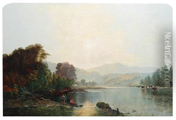 A Bright Morning On The River Usk Oil Painting - Edwin Henry Boddington