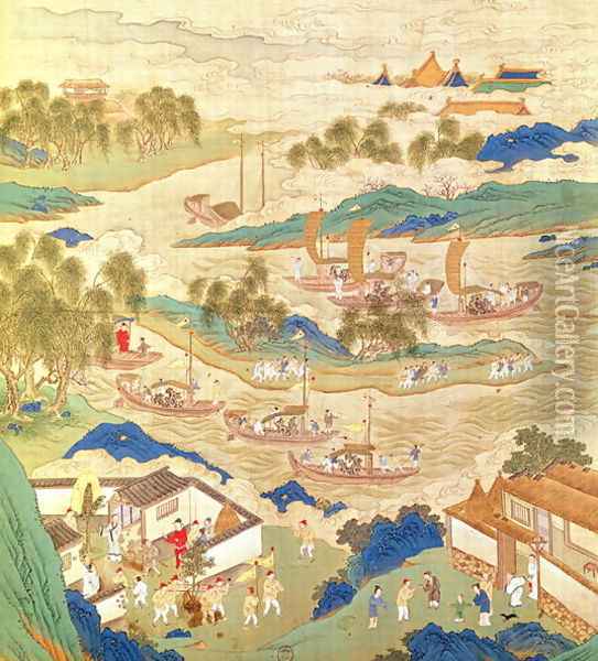 Emperor Hui Tsung (r.1100-26) transporting pierced stones and strange shaped trees, from a History of the Emperors of China Oil Painting - Anonymous Artist