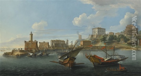 Anzio, A View Of The Port With The Villa Corsini And The Villa Albani Oil Painting - Paolo Anesi