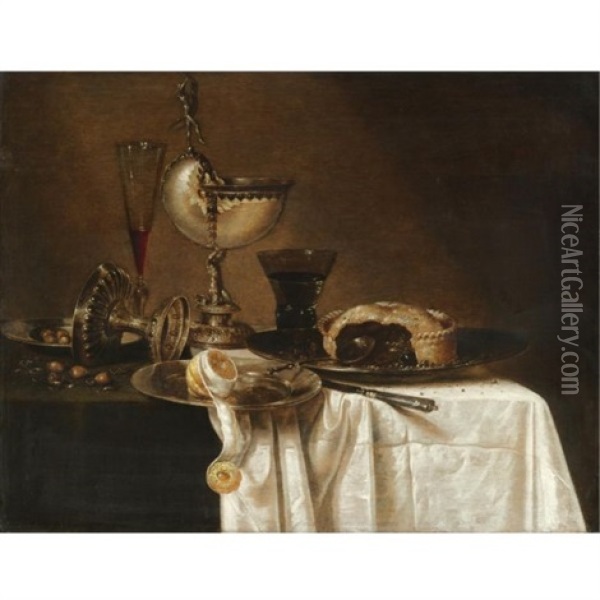 Still Life With An Overturned Tazza, A Tall Wine Glass, An Open Pie On A Pewter Plate, A Partly Peeled Lemon And A Nautilus Cup All Arranged On A Partly Draped Table Oil Painting - Willem Claesz Heda