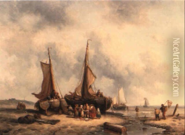 Return Of The Fishermen Oil Painting - George Willem Opdenhoff