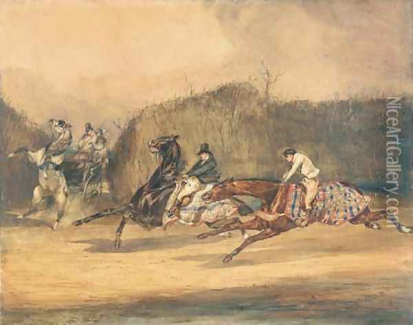 La rencontre evitee Galloping horsemen avoiding a horse and cart Oil Painting - Alfred Dedreux