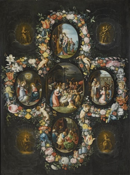 The Joyful Mysteries Of The Five Rosaries: Five Medallions Surrounded By A Garland Of Flowers Depicting The Adoration Of The Shepherds; The Annunciation; The Visitation Of Mary To Saint Elizabeth; The Presentation In The Temple; And Christ Disputing With  Oil Painting - Frans Francken the Younger