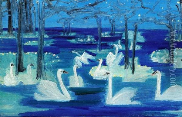 Lake With Swans Oil Painting - Harald Slott-Moller