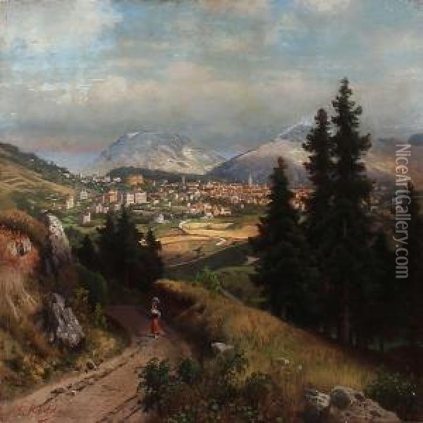 South German Landscape With A Large Town In A Valley Oil Painting - Carl Gustav Rodde