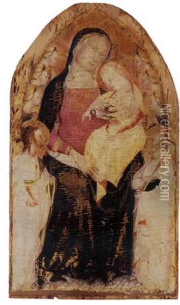 The Madonna And Child With Saint Bartholomew, A Saint With A Book And Six Angels Oil Painting - Giovanni del Biondo