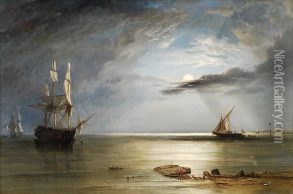 R.a. Moonlight Off The Coast Oil Painting - William Clarkson Stanfield