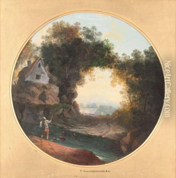 Flusslandschaft Mit Angler Und Bauernhaus Oil Painting - Thomas Gainsborough