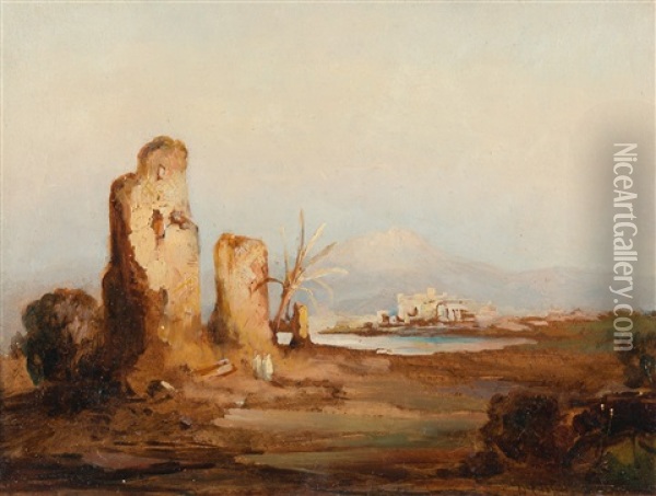 Klosterruine In Sizilianischer Landschaft Oil Painting - Friedrich August Elsasser